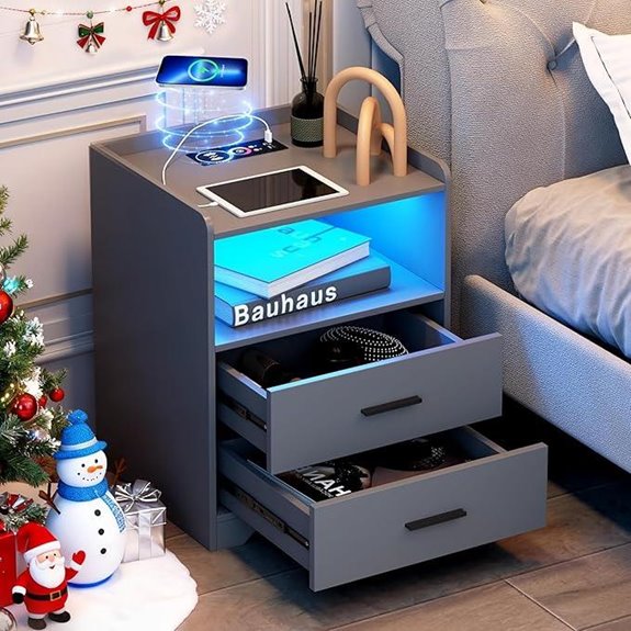 dnbss Grey Nightstand with Wireless Charging & RGB Lighting