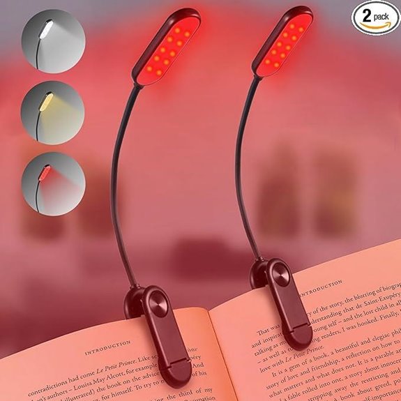 Red 625nm Book Light [2 Pack] Rechargeable Clip-On Lamp